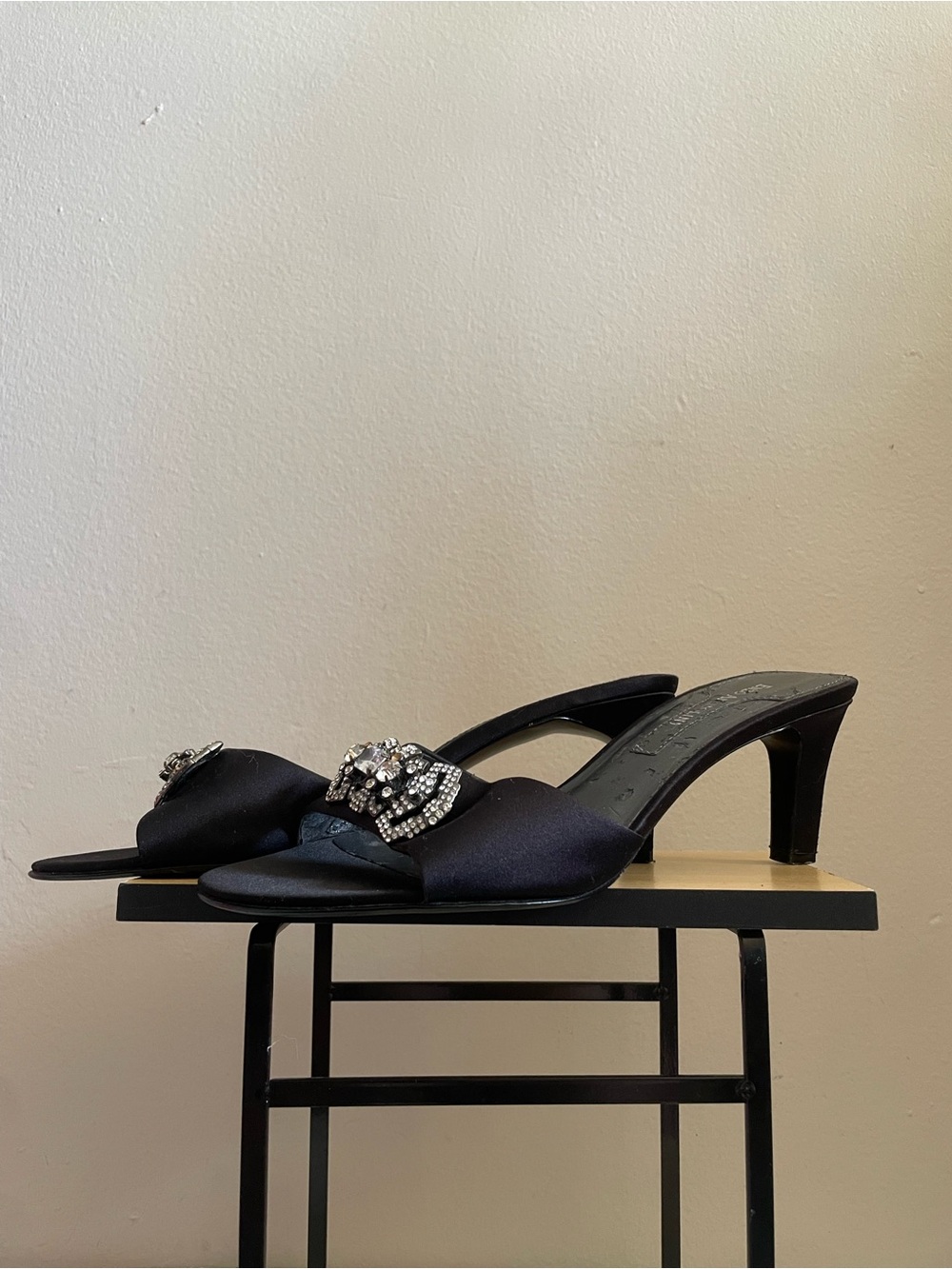 Vintage Enzo Angiolini Black Satin Crystal-Embellished Heeled Mules – Size 8.5